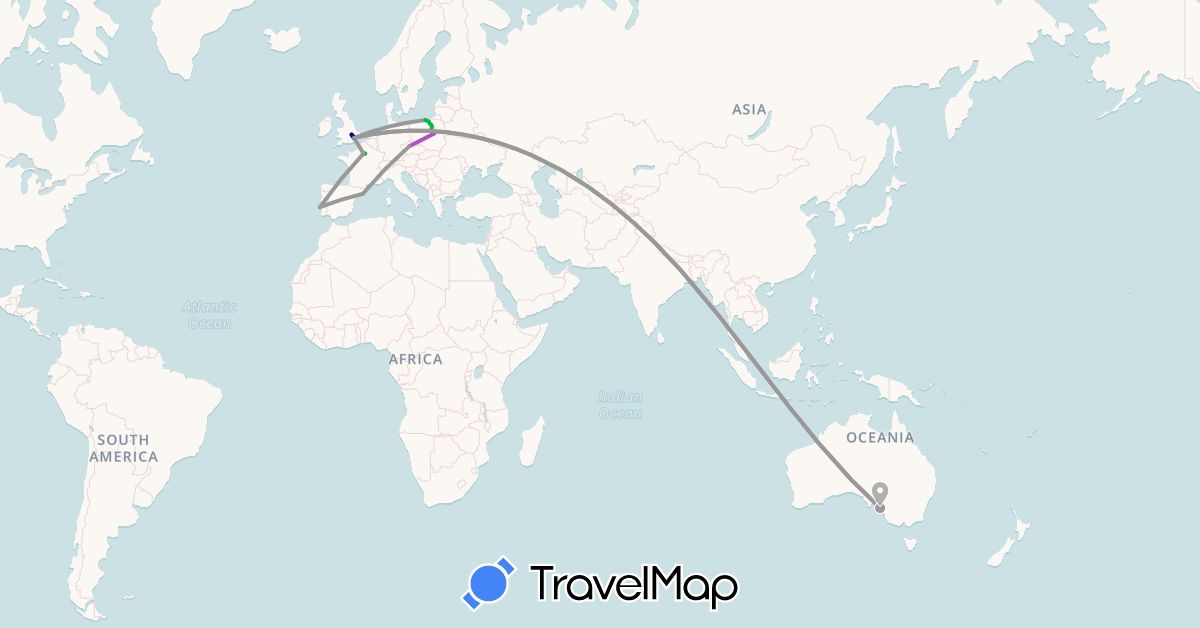 TravelMap itinerary: driving, bus, plane, train in Australia, Czech Republic, Spain, France, United Kingdom, Poland, Portugal (Europe, Oceania)